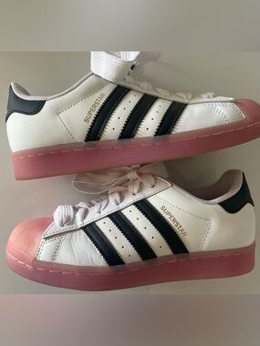 adidas White Sneakers with Black Stripes and Pink Sole